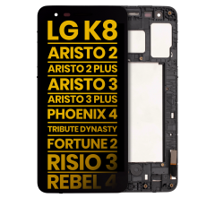 Ecrã LCD com Aro para LG K8 (X210 / 2018) / Aristo 2 / Aristo 2 Plus / Aristo 3 / Aristo 3 Plus / Phoenix 4 / Tribute Dynasty / Empire / Fortune 2 / Risio 3 / Rebel 4 (Recondicionado) (Black)