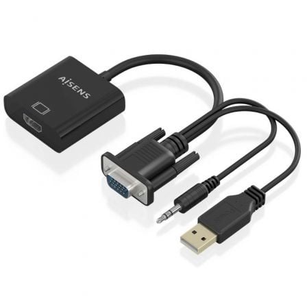 Cable Conversor Aisens A115-0872 SVGA Macho - USB Macho/ Jack Macho - HDMI Hembra/ 20cm/ Preto