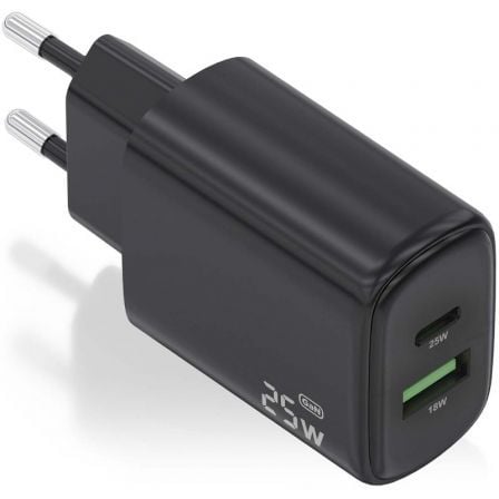 Carregador de Pared GaN Aisens A110-0912/ 1xUSB Tipo-C/ 1xUSB/ 25W/ Preto