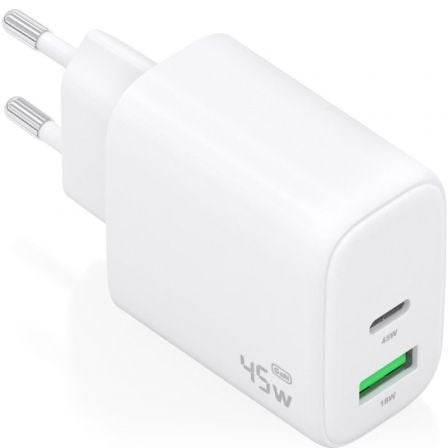 Carregador de Pared GaN Aisens A110-0971/ 1xUSB Tipo-C/ 1xUSB/ 45W/ Branco