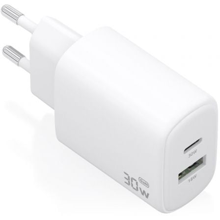 Carregador de Pared GaN Aisens A110-0977/ 1xUSB Tipo-C/ 1xUSB/ 30W/ Branco