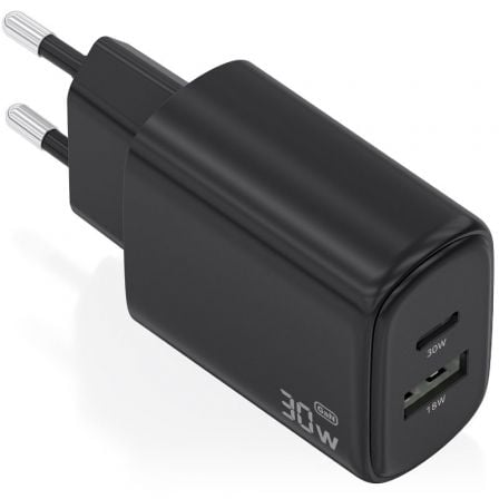 Carregador de Pared GaN Aisens A110-0978/ 1xUSB Tipo-C/ 1xUSB/ 30W/ Preto