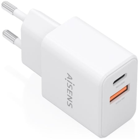 Carregador de Pared GaN Aisens A110-1025/ 1xUSB Tipo-C/ 1xUSB/ 20W/ Branco