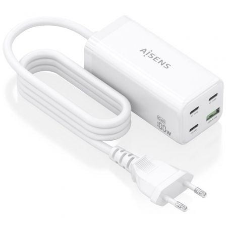 Carregador Sobremesa GaN Aisens ASCH-100W4P053-W/ 3xUSB Tipo-C/ 1xUSB/ 100W