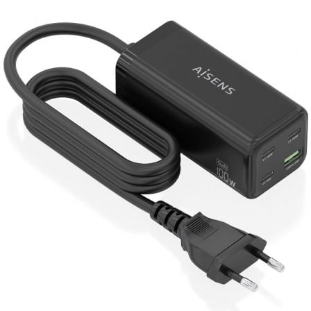 Carregador Sobremesa GaN Aisens ASCH-100W4P054-BK/ 3xUSB Tipo-C/ 1xUSB/ 100W