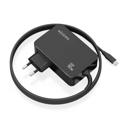 Carregador de Portátil GaN Aisens ASCH-1PD90WL034-BK/ 1xUSB Tipo-C + Cable 1.8m/ 90W/ Automático/ Voltaje 5-20V
