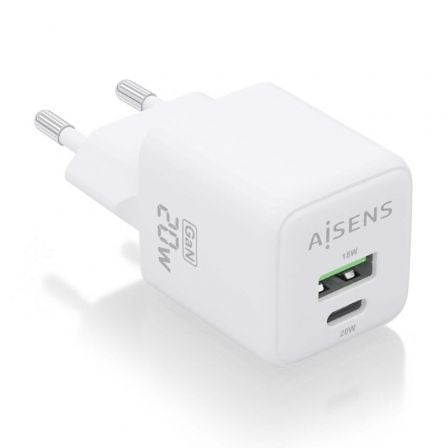 Carregador de Pared GaN Aisens ASCH-20W2P010-W/ 1xUSB Tipo-C/ 1xUSB/ 20W