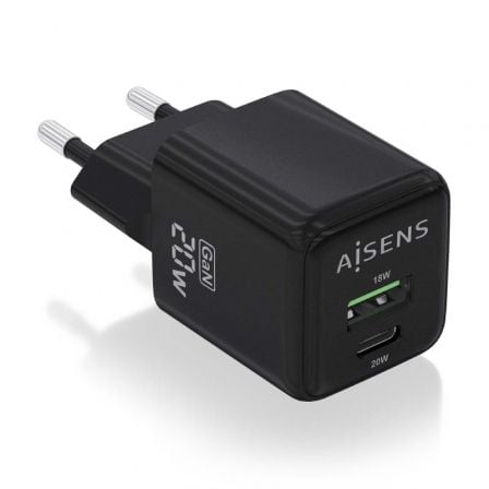 Carregador de Pared GaN Aisens ASCH-20W2P011-BK/ 1xUSB Tipo-C/ 1xUSB/ 20W