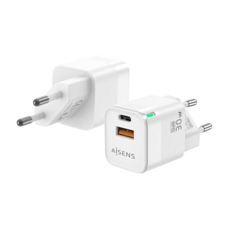 Carregador de Pared GaN Aisens ASCH-30W2P004-W/ 1xUSB Tipo-C/ 1xUSB/ 30W
