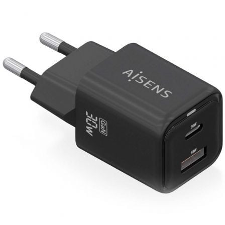 Carregador de Pared GaN Aisens ASCH-30W2P021-BK/ 1xUSB Tipo-C/ 1xUSB/ 30W