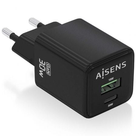 Carregador de Pared GaN Aisens ASCH-30W2P038-BK/ 1xUSB Tipo-C/ 1xUSB/ 30W