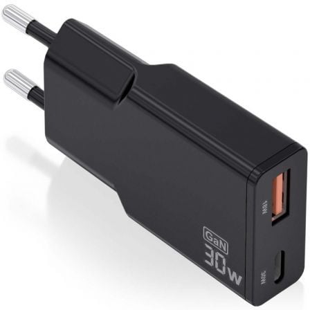 Carregador de Pared GaN Aisens ASCH-30W2P047-BK/ 1xUSB Tipo-C/ 1xUSB/ 30W/ Preto