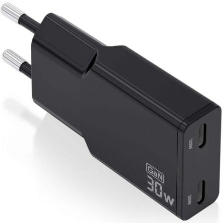 Carregador de Pared GaN Aisens ASCH-30W2P049-BK/ 2xUSB Tipo-C/ 30W/ Preto