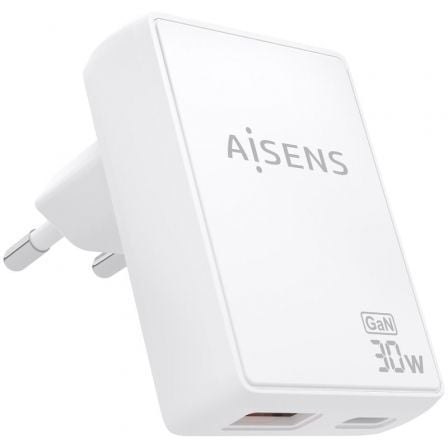 Carregador de Pared GaN Aisens ASCH-30W2P074-W/ 1xUSB Tipo-C/ 1xUSB/ 30W/ Branco