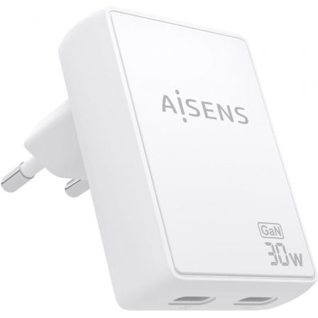 Carregador de Pared GaN Aisens ASCH-30W2P075-W/ 2xUSB Tipo-C/ 30W/ Branco