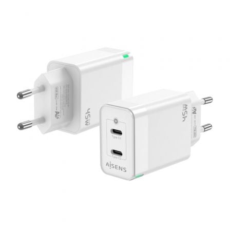 Carregador de Pared GaN Aisens ASCH-45W2P005-W/ 2xUSB Tipo-C/ 45W