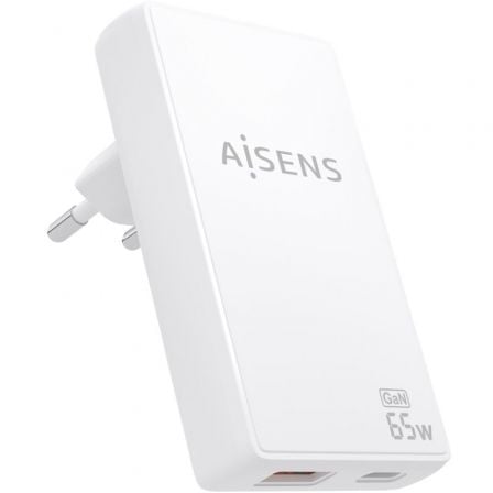 Carregador de Pared GaN Aisens ASCH-65W2P076-W/ 1xUSB Tipo-C/ 1xUSB/ 65W/ Branco