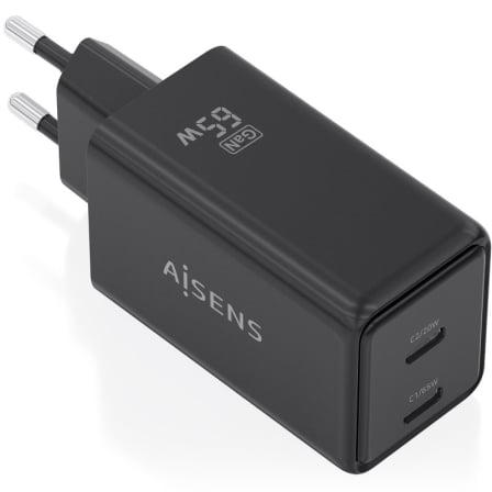 Carregador de Pared GaN Aisens ASCH-65W2P079-BK/ 2xUSB Tipo-C/ 65W/ Preto