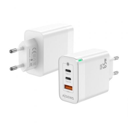 Carregador de Pared GaN Aisens ASCH-65W3P007-W/ 2xUSB Tipo-C/ 1x USB/ 65W
