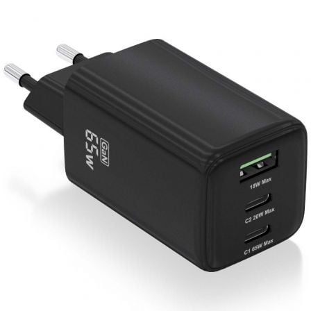 Carregador de Pared GaN Aisens ASCH-65W3P042-BK/ 2xUSB Tipo-C/ 1xUSB/ 65W