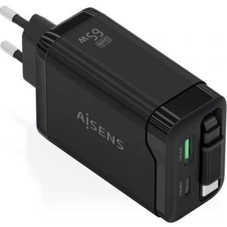 Carregador de Pared GaN Aisens ASCH-65W3P071-BK/ 1xUSB Tipo-C/ 1xUSB/ 65W/ Preto