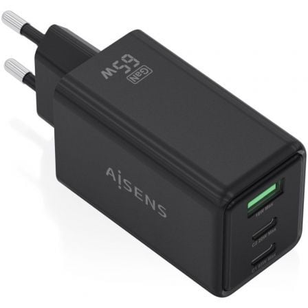 Carregador de Pared GaN Aisens ASCH-65W3P073-BK/ 2xUSB Tipo-C/ 1xUSB/ 65W/ Preto