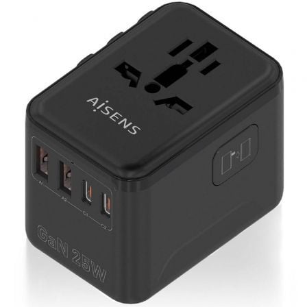 Carregador de Pared Universal GaN para Viaje Aisens ASPS-2A2C08-BK/ Toma de Corriente Universal/ 2xUSB Tipo-C/ 2xUSB/ 25W