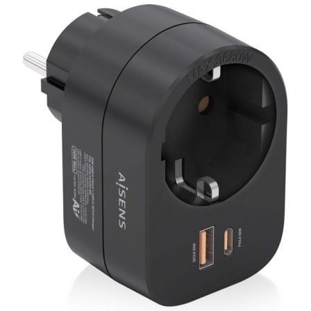 Enchufe Aisens ASPS-1A1C07-BK/ 1 Toma de Corriente/ 1 USB Tipo-C PD/ 1 USB/ Preto