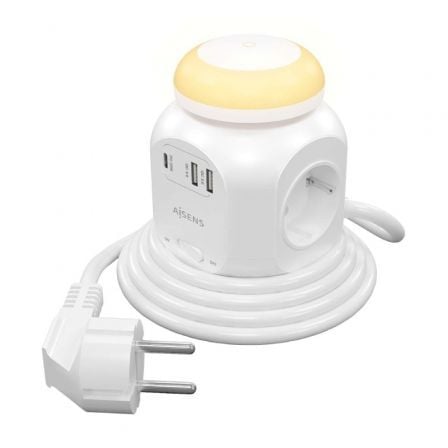 Regleta con Interruptor y Luz Nocturna Aisens ASPS-2A1CLPQ02-W/ 4 Tomas de Corriente/ 1 USB Tipo-C PD/ 2 USB/ Cable 1.8m/ Branco