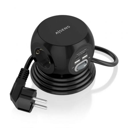 Regleta con Interruptor Aisens ASPS-2A2C05-BK/ 3 Tomas de Corriente/ 2 USB Tipo-C/ 2 USB/ Cable 1.4m/ Preto