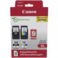 Cartucho de Tinta Original Canon PG-560XL + CL-561XL Multipack Alta Capacidad/ Preto/ Tricolor + Papel Fotográfico