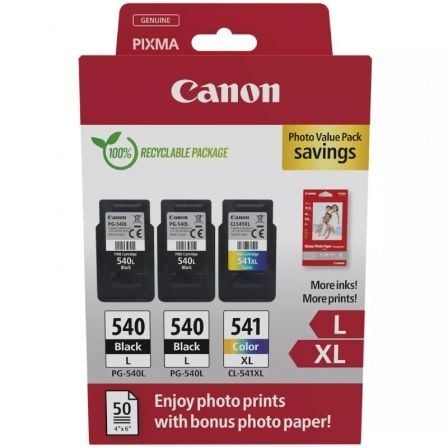 Cartucho de Tinta Original Canon PG-540L + CL-541 XL Multipack Alta Capacidad/ 2x Preto/ Tricolor + Papel Fotográfico