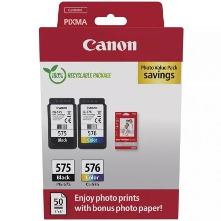 Cartucho de Tinta Original Canon PG-575 + CL-576 Multipack/ Preto/ Tricolor + Papel Fotográfico
