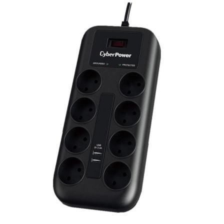 Regleta con Interruptor Cyberpower P0820SUD0-DE/ 8 Tomas de corriente/ 2 USB/ Cable 1.8m/ Preta