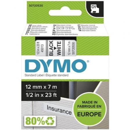 Cinta Rotuladora Adhesiva de Plástico Dymo D1 45013/ para Label Manager/ 12mm x 7m/ Preta-Branca