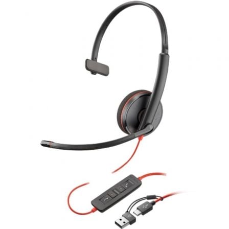 Auricular Poly Blackwire 3210 + Adaptador USB-C/A/ con Micrófono/ USB Tipo-C/ Bulk/ Preto