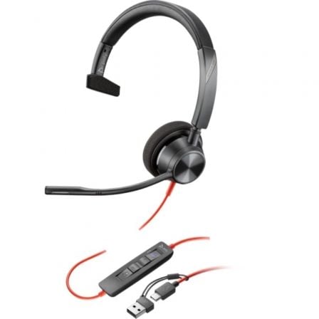 Auricular Poly Blackwire 3310 para Microsoft Teams + Adaptador USB-C/A/ con Micrófono/ USB Tipo-C/ Preto