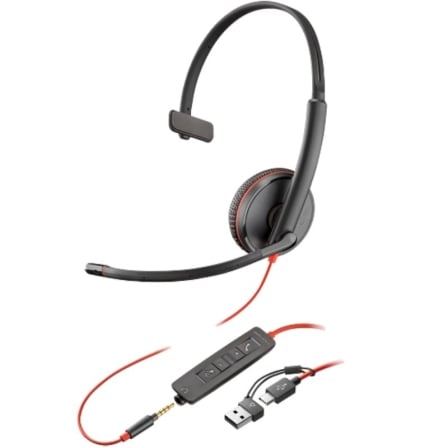 Auricular Poly Blackwire 3215 + Adaptador USB-C/A/ con Micrófono/ Jack 3.5mm/ Preto