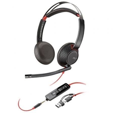 Auscultadores Poly Blackwire 5220 USB-C + 3.5 mm + Adaptador USB-C/A/ con Micrófono/ Jack 3.5 - USB Tipo-C/ Bulk/ Pretos