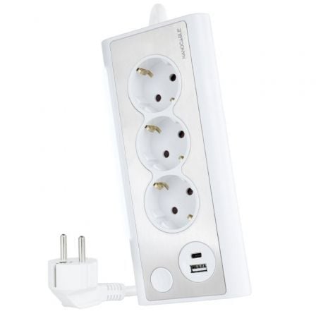 Regleta con Interruptor Nanocable 10.37.0013-W/ 3 Tomas de Corriente/ 1 USB/ 1 USB Tipo-C/ Cable 1.5m/ Branca