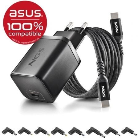 Carregador de Portátil GaN NGS BUD65W-AS para Asus/ 1xUSB Tipo-C/ 65W/ Automático/ 8 Conectores/ Voltaje 5-20V