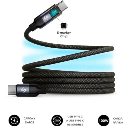 Cable USB 2.0 Tipo-C Subblim PowerMag Led/ USB Tipo-C Macho - USB Tipo-C Macho/ Hasta 100W/ 480Mbps/ 2m/ Preto