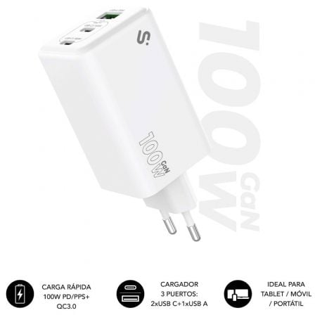Carregador de Pared GaN Subblim 100W Charger USB C+C+A/ 2xUSB Tipo-C/ 1xUSB/ 100W