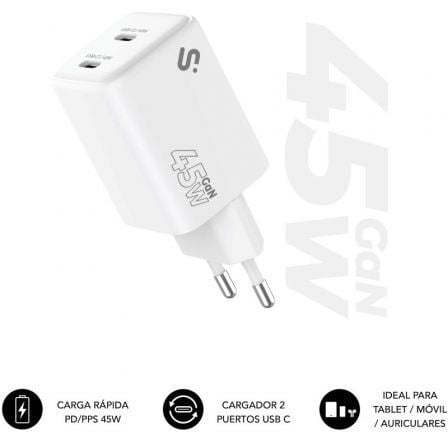 Carregador de Pared GaN Subblim 45W Charger USB C+C/ 2xUSB Tipo-C/ 45W