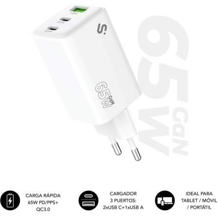 Carregador de Pared GaN Subblim 65W Charger USB C+C+A/ 2xUSB Tipo-C/ 1xUSB/ 65W