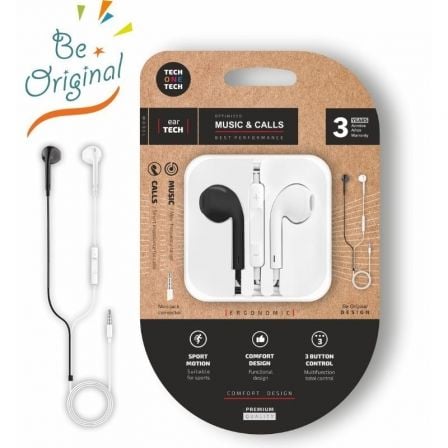 Auscultadores Intrauditivos Tech One Tech earTECH B&W Be Original TEC1011/ con Micrófono/ Mini Jack 3.5/ Branco y Preto
