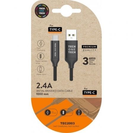 Cable USB 2.0 Tipo-C Tech One Tech TEC2003/ USB Tipo-C Macho - USB Macho/ 480Mbps/ 1m/ Preto