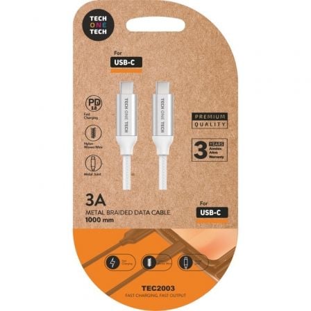 Cable USB 2.0 Tipo-C Tech One Tech TEC2204/ USB Tipo-C Macho - USB Tipo-C Macho/ Hasta 20W/ 480Mbps/ 1m/ Branco