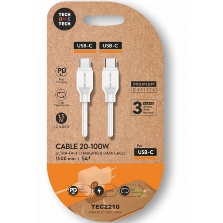 Cable USB 2.0 Tipo-C Tech One Tech TEC2210/ USB Tipo-C Macho - USB Tipo-C Macho/ Hasta 100W/ 480Mbps/ 1.5m/ Branco