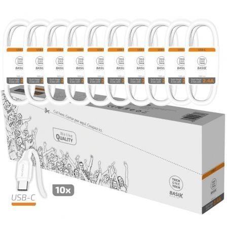 Pack 10 Cables USB 2.0 Tech One Tech Basik TEC2953/ USB Macho - USB Tipo-C Macho/ 1m/ Branco
